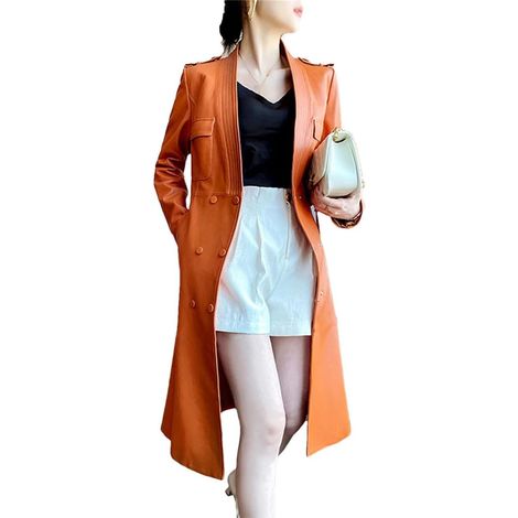 Trench long orange en cuir PU avec col en V profond et double boutonnage pour femme (1/5)