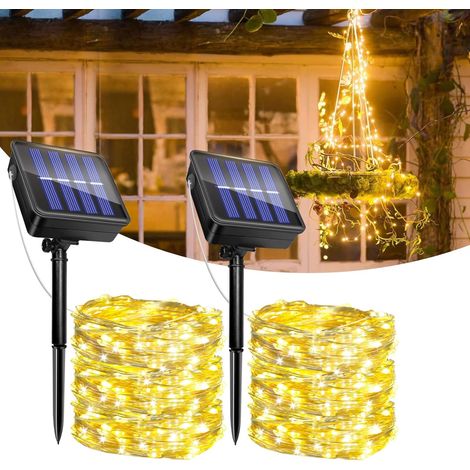 Lot de 2 Guirlande Lumineuse Exterieure Solaire, 12M 100LED Solaire Guirlande Étanche, 8 Modes, Étanche, Intérieure Extérieure Décoration pour Sapin de Noël, Jardin, Terrasse, Balcon(Blanc Chaud)