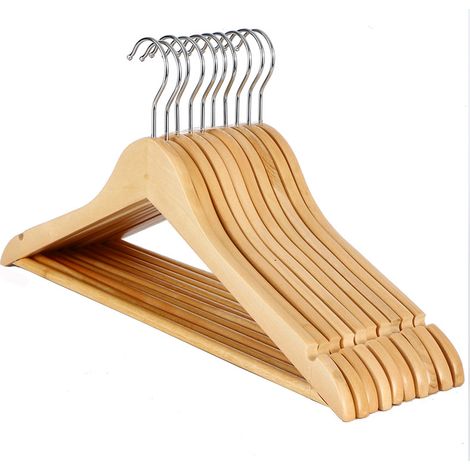 FLITI Natural Wood Hangers, 8 Pieces, 45 cm – Non-slip with trouser bar – Notches for skirts and trousers – 360° rotating hook (1/4)