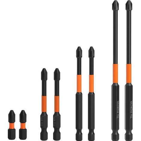Lot de 8 embouts de tournevis cruciforme PH2 magnétiques 1/4" - Tige hexagonale antidérapante Philips - Jeu d'embouts S2 en acier - Longueur : 25/65/90/150 mm (1/5)