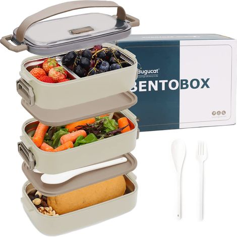 Bento Box 1700ML, 3 in 1 Boite Bento Acier Inoxydable Lunch Box Boîte à Repas en Plastique pour Enfant Adulte, Bento Boîte à Déjeuner Anti-Fuite Écologique Hermétique Boîtes Bento (1/5)