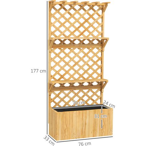 Bac de culture en bois de sapin avec treillis et étagères, 76 x 33 x 177 cm, avec drainage et doublure textile, pour plantes grimpantes, terrasse et jardin