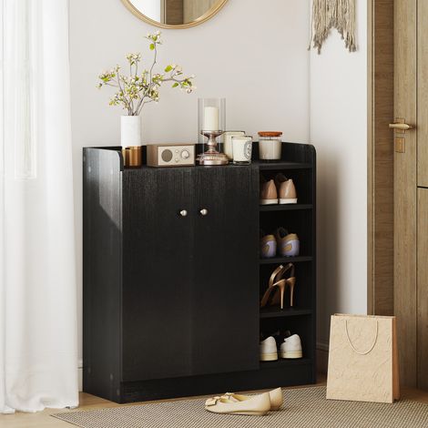Meuble à chaussures d'entrée avec 4 étagères ouvertes. Meuble à chaussures multifonctionnel avec 2 portes et étagères réglables. Gain de place pour 12 paires de chaussures. 83 x 30 x 90 cm. Noir
