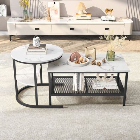 Couchtisch, Wohnzimmertisch 2 Ebenen in bedrucktem rechteckigem Marmor, Metallbeine, skandinavisch, Stauraum und 2 Regale, Set von 2, Schwarz