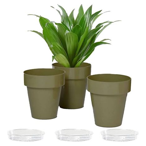 3 Vasi con 3 sottovasi trasparenti per fiori e piante rotondi Ø 14 cm - Resistenti ai raggi UV - Colore Olive (1/4)
