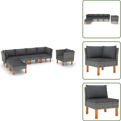 7-tlg. Garten-Lounge-Set Poly Rattan und Eukalyptusholz Grau - Gartensitzgruppe - Lounge-Set - Gartenmöbel - Outdoor-Möbel - Rattanmöbel