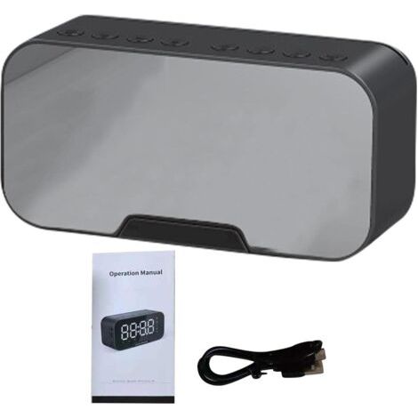 royaluxe-Radio-réveil numérique FM avec port de charge USB, affichage LED, minuteur de sommeil, miroir portable, haut-parleur Bluetooth sans fil, réveil pour chambre à coucher, bureau (noir)