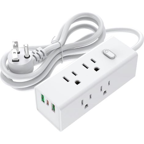 Multiprise à fiche plate avec cordon d'extension de 1,5 m, 6 prises, 3 ports USB (1 USB-C). (1/5)