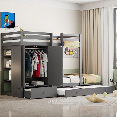 Letto a castello 90/200 cm grigio in legno con letto estraibile, armadio, cassetti e vano a giorno (1/5)