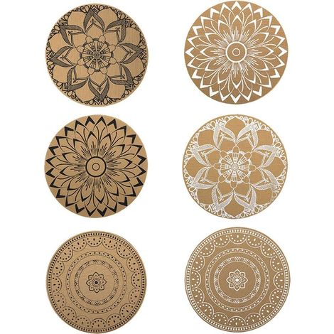 Ensemble de 6 sets de table ronds en PVC, imprimé bohème lavable, 38x38 cm, résistant à la chaleur et antidérapant. (1/5)