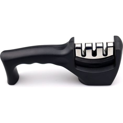 3-stage sharpener – for kitchen knives – professional results/ergonomic design – ceramic stone/tungsten carbide/diamond – black/chrome finish
