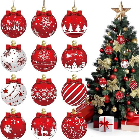 Lot de 12 boules de Noël rouges et blanches à suspendre en bois - Décorations festives pour sapin de Noël avec flocons de neige, rennes et Père Noël