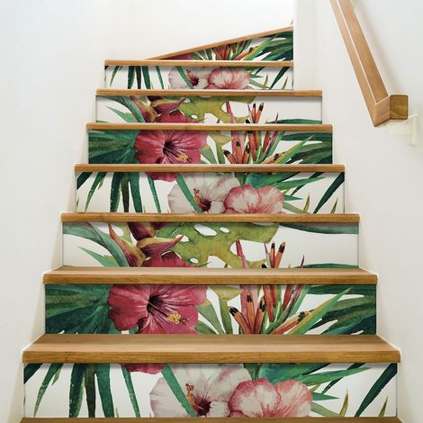 Contremarche adhésive autocollante Vairao, 3 pièces, 19,5 X 100 cm, fleurs exotiques en aquarelle. (1/2)