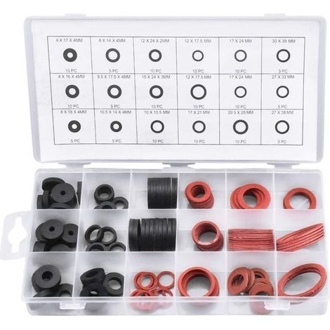 141 PCS Joint Rondelle en Caoutchouc et Joint Fibre, 18 Tailles Joint Plat d'Etanchéité, Assortiment de Rondelles pour Robinet, Vanne, Pompe, Plomberie -Noir et Rouge (1/5)