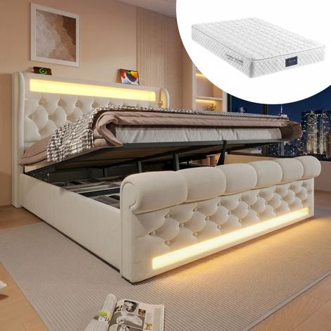 Lit Double 160x200 avec LED, Rangement Hydraulique, USB/Type-C, Velours Beige + Matelas (1/5)