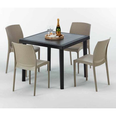 Tavolino Quadrato Nero 90x90 cm con 4 Sedie Colorate Bohème Passion - Beige