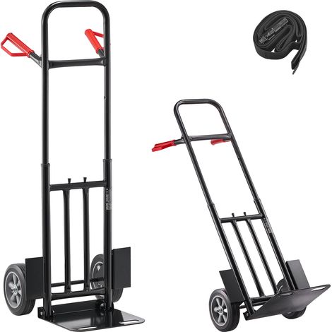 VEVOR Diable Demenagement Capacite de Charge 272,1 kg Diable Robuste Portable en Acier Allie avec Roues, Poignee Telescopique, Sangle deArrimage, pour Manutention Domicile Bureau Entrepot Supermarche