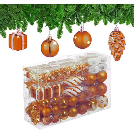Boules de Noël, Lot de 72, en Plastique, Ornements de Sapin, cœurs, Bottes, Pommes de pin, Orange (1/5)