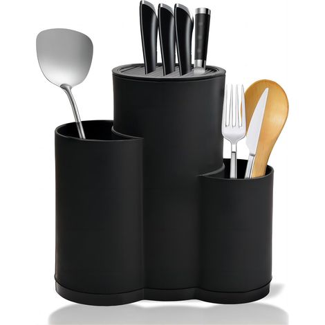 3 en 1 Blocs à Couteaux Vides Universel, Séchage Cylindre Porte-Couteaux avec Ustensiles Bloc de Rangement Détachable Rond Rangement Couteaux de Cuisine (Noir) (1/5)