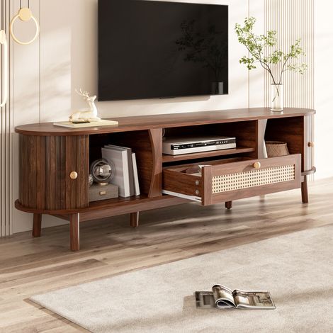 Mueble TV con Puerta Corredera, Cajones y Espacios Abiertos, para Salón, MDF, Nogal, 165 x 37 x 46 cm (1/5)