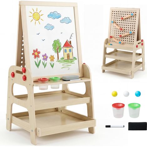 COSTWAY Tableau Enfant Double Face Montessori en Bois avec Jeu de Billes (1/5)