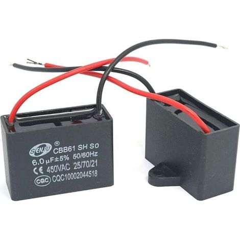 2Pcs Condensateur CBB61 450V AC 50/60Hz 6uF – Longueur câble 95mm – Idéal pour ventilateurs de plafond et climatiseurs (1/5)