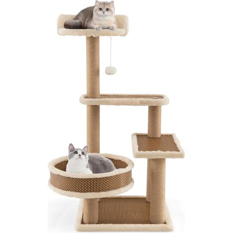Arbre à Chat en Bois à 4 Niveaux 90 cm, Grand Niche, Tapis Rotin, Poteaux à Gratter Sisal, Bord Peluche Amovible, Pompon, Tour Chat Interieur (1/5)