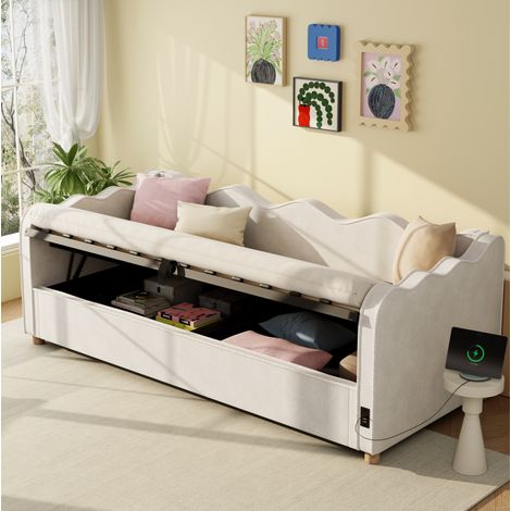 REDOM - Letto da giorno 90x200 cm con contenitore idraulico, USB e schienale, velluto beige (Senza materasso) (1/5)