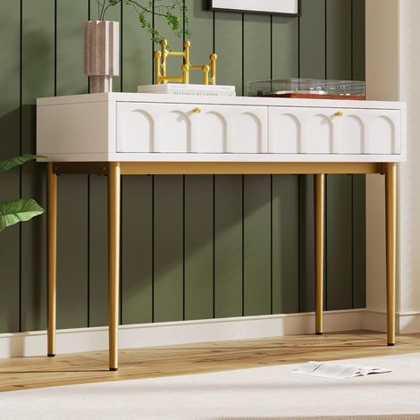 Coiffeuse avec 2 tiroirs, commode pour chambre à coucher, blanc crème, buffet, hauteur 76,5 cm, largeur 100 cm, profondeur 45 cm, peu encombrante et robuste (1/5)