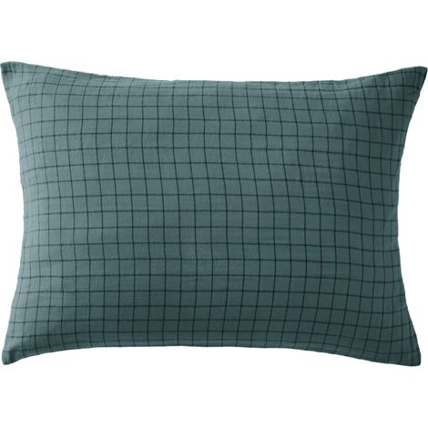 Taie d'oreiller à carreaux double gaze de coton bleu canard 50x70 (1/2)