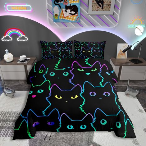 Parure de lit réversible 135 x 200 cm - Motif chat noir fluo - Housse de couette - Décoration de chambre - Pour les amoureux des chats - Pour filles et garçons (1/5)