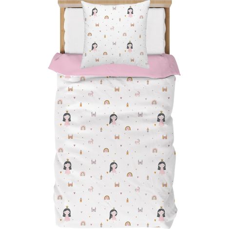 Parure de lit pour enfant 135 x 200 cm - Motif licorne - Pour fille - 135 x 200 cm - Avec princesse et arc-en-ciel - En microfibre - Housse de couette 2 pièces avec 1 taie d'oreiller 80 x 80 cm (1/5)