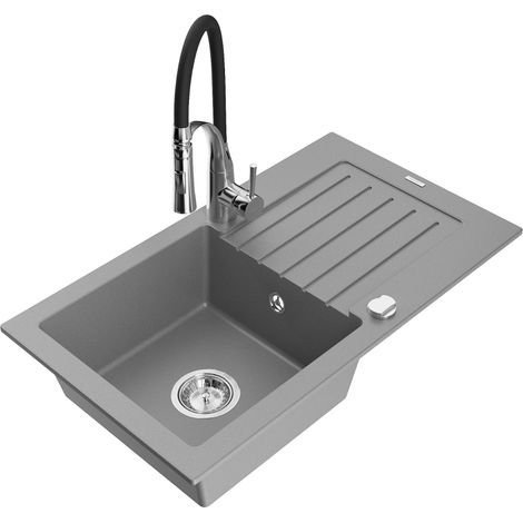Mexen Pablo évier en granit 1 bac avec égouttoir et robinet Aster, gris - 6510-71-73450-07 (1/5)