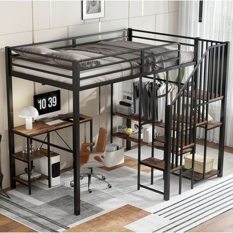 Letto a soppalco 120x200 con scrivania, scaffale e armadio aperto nero HAVRYA (1/5)