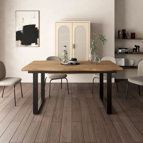 Tavolo allungabile 160 240x90cm top in MDF rovere scuro e gambe in acciaio nero a U Lars