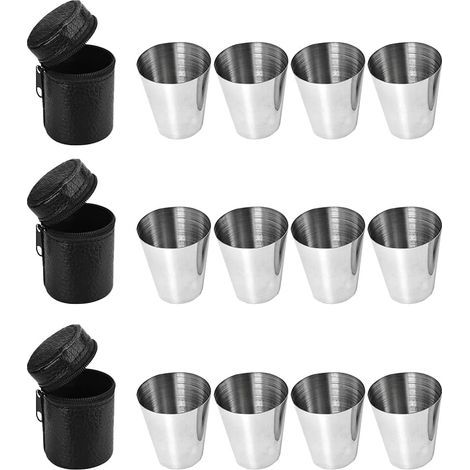 Shooter Verre, 12pcs Verre à Shot en Acier Inoxydable, Gobelet à Shoot Verre à Schnaps avec 3 Étui en Cuir, Verres à Shot pour Voyage Camping Boisson à Boire Biere Whisky Rhum Cognac Café (1/5)