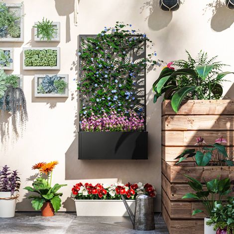Jardinière surélevée noire avec treillis décoratif, 61x23x113 cm, pour plantes grimpantes, fixation murale ou au sol.