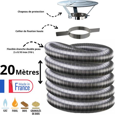 Kit tubage flexible double peau inox diamètre 150 + collier + chapeau Edilinox Longueur du conduit 20 mètres