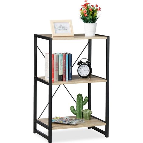 Relaxdays – Étagère industrielle sur pieds 3 niveaux – Dimensions H80 x L50 x P35 cm – Structure métal noir – Finition chêne Sonoma clair