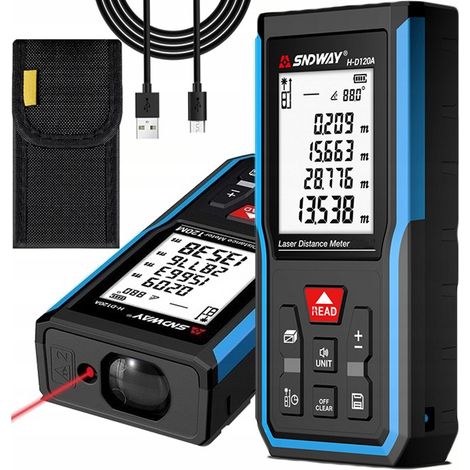 Medidor de distancia láser portátil SNDWAY120M, almacenamiento automático de 90 conjuntos de datos, cambio de unidad M/in/ft, 9 modos (con batería) (1/5)