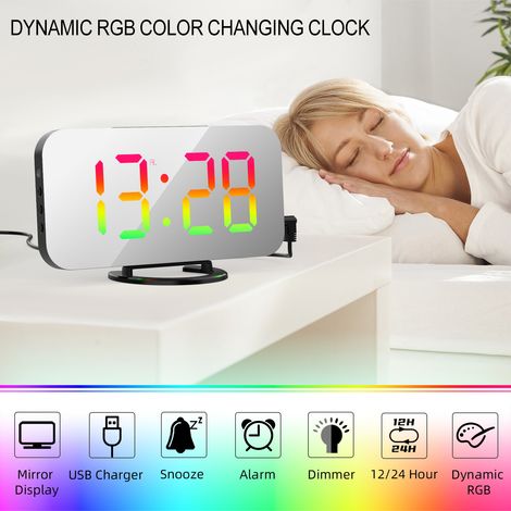 Réveil numérique avec lumière RVB dynamique, luminosité variable, fonction snooze réglable, port de chargeur USB, miroir 12h/24h pour chambre à coucher, maison, bureau, décoration murale (1/5)