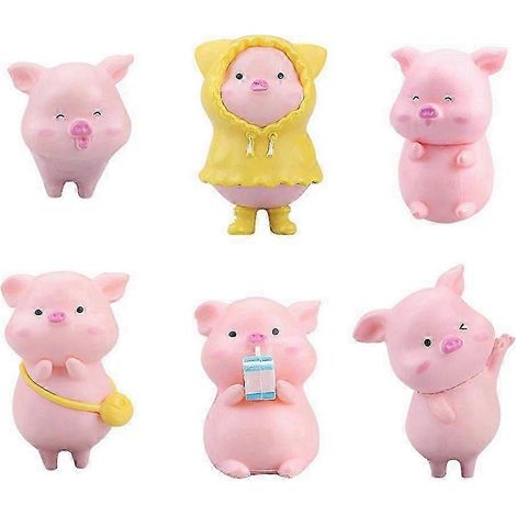 Lot de 6 cochons roses en plastique, mignons et en résine, pour décoration de gâteaux, jardin féérique ou fête. (1/5)