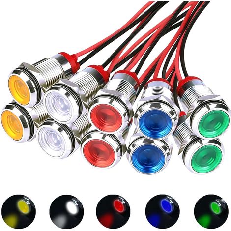 Lot de 10 voyants LED en métal de 10 mm avec câble de 15 cm, lampe de signalisation étanche AC/DC, 12-24 V, témoin lumineux LED pour motos, camionnettes, bateaux, voitures (jaune, vert, bleu (1/5)