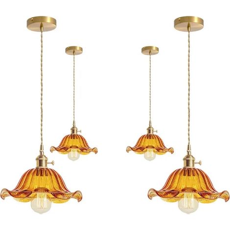 4x Lustre en Ambre,Lampe de Plafond Vintage Abat-jour en Verre Design Fleur E27 Luminaire Suspension Style Industriel,25cm (1/5)