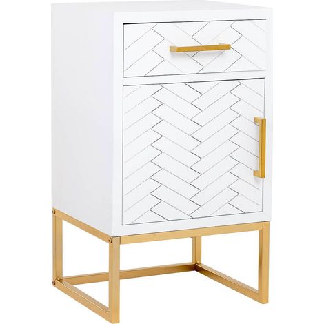 Table de chevet blanche et or bois métal tiroir porte design contemporain - blanc avec finitions dorées (1/5)