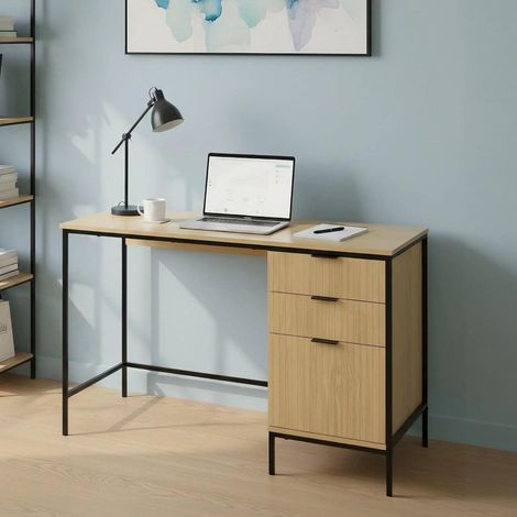 Wisbech 3 Drawer Desk Oak Computer Office Table Workstation Home Steel Legs