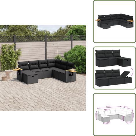 The Living Store Salon de jardin 7 pcs avec coussins noir résine tressée - Ensemble Salon De Jardin - Mobilier Extérieur - Canapé Jardin - Chaise Lounge - Table Basse