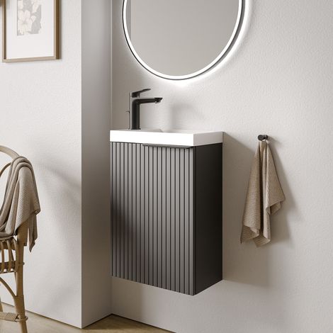 Waschtischunterschrank Bernstein TIM 40 cm mit Waschbecken Badmöbel: Anthrazit matt profiliert, Metallgriff: Schwarz matt