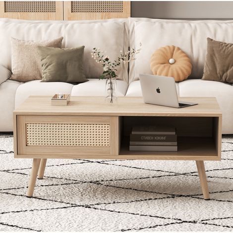 Tavolino rettangolare con ante scorrevoli, 105 x 55 x 41,5 cm, naturale DESVIAE (1/5)