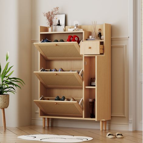 MEUBLIV Meuble à chaussures 90x17x125 cm naturel – 3 abattants, 1 tiroir (1/5)